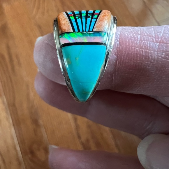 Colorful, Multi-Gemstone, Sterling Silver Inlay Statement Ring - Picture 6 of 17